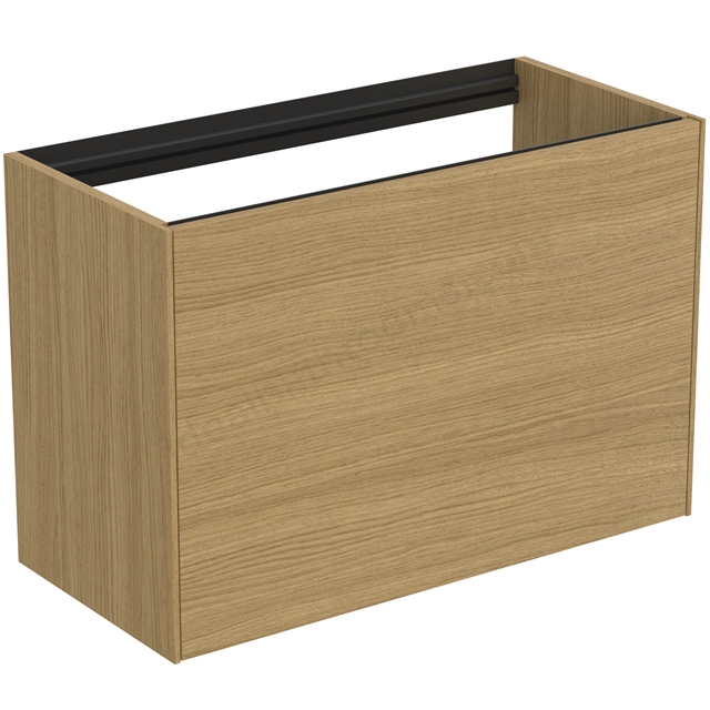Atelier Conca 80cm wall hung short projection washbasin unit with 1 external drawer & 1 internal drawer; no worktop; light oak
