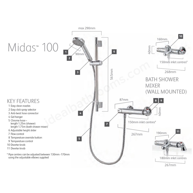 Aqualisa MIDAS 100 Complete Shower; Exposed Bar Valve + Adjustable Head