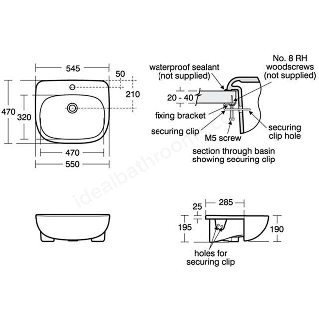 Ideal Standard Jasper Morrison 550mm Semi Recessed Basin; 1 Tap Hole ...