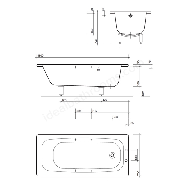 Twyford Celtic Single Ended White Plain Steel Bath With Legs And