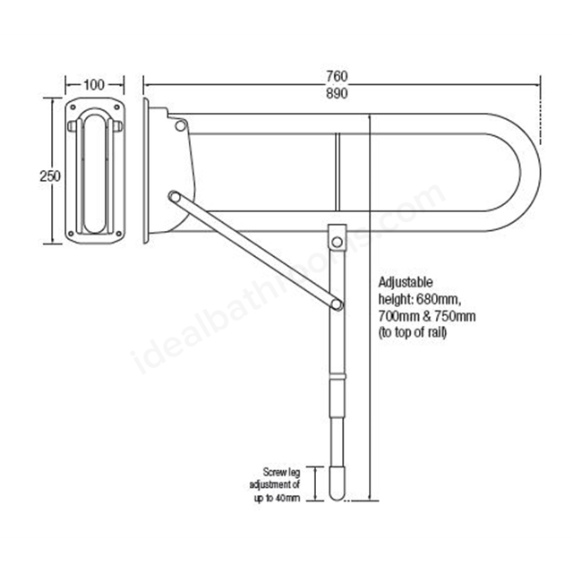 Bathex Essential 760mm Double Arm Hinged Support Rail w/ Drop Down Leg & Toilet Roll Holder - White