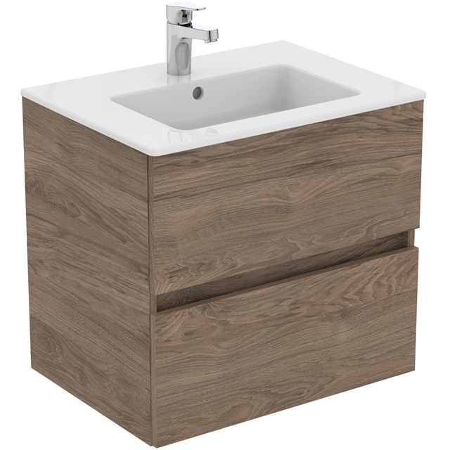 Ideal Standard Eurovit+ 600mm Wall Mounted Vanity Unit with 2 Drawers - Flint Hickory