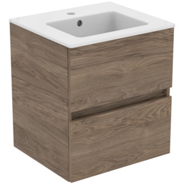 Ideal Standard Eurovit+ 500mm Wall Mounted Vanity Unit w/ 2 Drawers & Inlcuded Basin - Flint Hickory