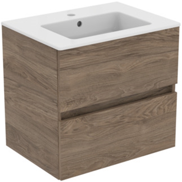 Ideal Standard Eurovit+ 600mm Wall Mounted Vanity Unit w/ 2 Drawers & Inlcuded Basin - Flint Hickory