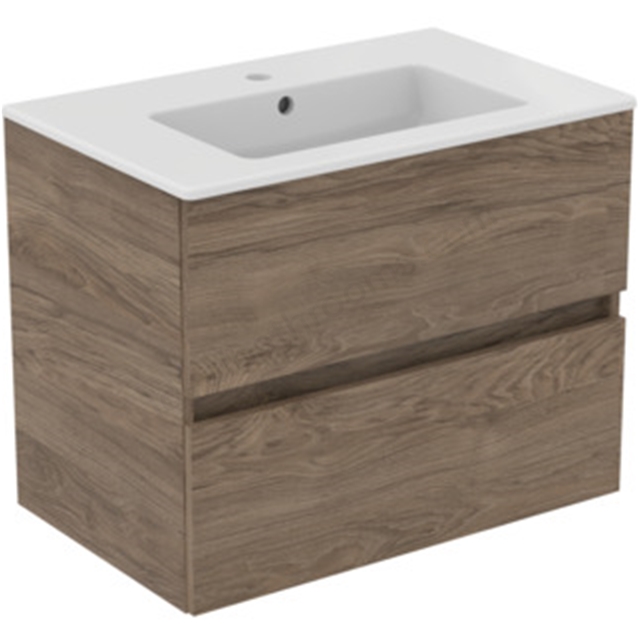 Ideal Standard Eurovit+ 700mm Wall Mounted Vanity Unit w/ 2 Drawers & Inlcuded Basin - Flint Hickory