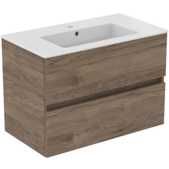 Ideal Standard Eurovit+ 800mm Wall Mounted Vanity Unit w/ 2 Drawers & Inlcuded Basin - Flint Hickory