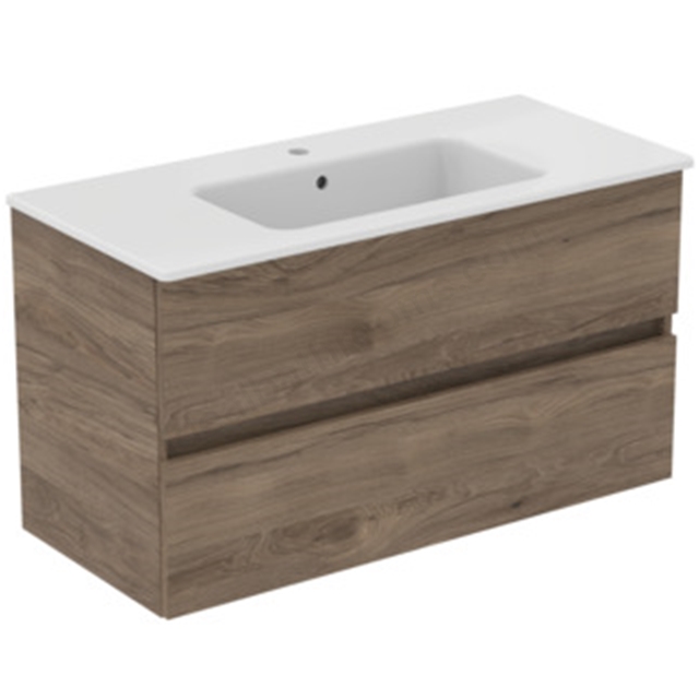 Ideal Standard Eurovit+ 1000mm Wall Mounted Vanity Unit w/ 2 Drawers & Inlcuded Basin - Flint Hickory