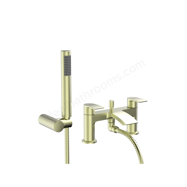 Swan Linford PVD Coated Bath Shower Mixer w/ 2 Tap Holes, Slide Rail & Fixed & Handheld Shower Head - Brushed Brass