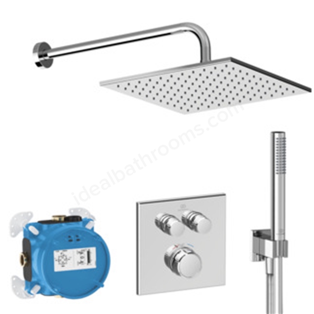 Ideal Standard Ceratherm Navigo Square Built-in Thermostatic Shower Mixer w/ Fixed Shower Head, Stick Handspray, Bracket & Hose